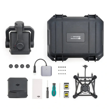 Collection of DJI components including a camera, battery, and accessories on a white background